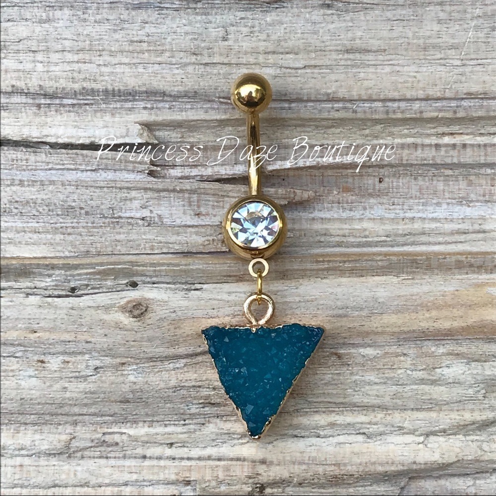 Gold Blue Druzy Stone‎ Belly Button Ring